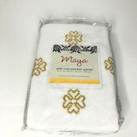 Maya Rod Pocket 63" Window Curtain Panel White Gold Floral Pattern 1 Panel - Picture 2 of 9